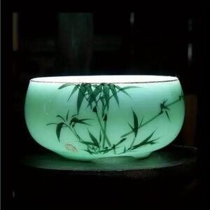 Set of 4 Beautiful Hand Painted Celadon Ceramic Lotus Bamboo Carp Tea Cups